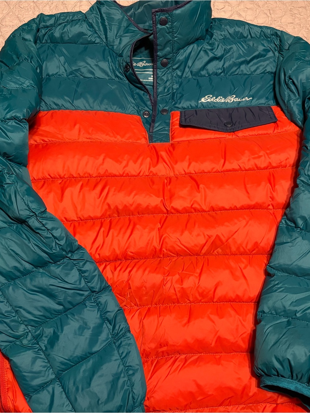 Eddie Bauer Teal and Red Quilted Pullover Puffer